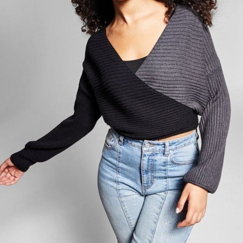 Jeannie Mai x INC Colorblocked Ribbed Cross-Front Sweater Top​​​​​​​​​​​​​​​​​​​